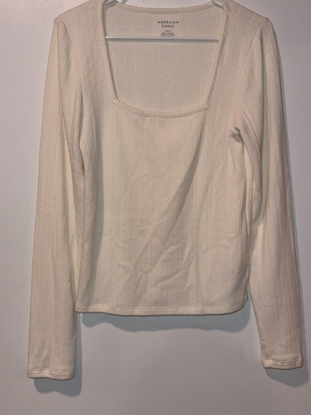 American Eagle Outfitters Cream Square Neck Long Sleeve Ribbed Top